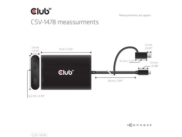 CLUB3D CSV-1478, USB Type-C, 2x DisplayPort, 3840 x 2160 pikseliä, musta, 4K Ultra HD, 90 mm