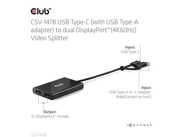 CLUB3D CSV-1478, USB Type-C, 2x DisplayPort, 3840 x 2160 pikseliä, musta, 4K Ultra HD, 90 mm