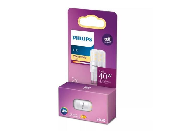 Philips LED - LED-lyspære - form: kapsel - mattslipt finish - G9 - 3.7 W (ekvivalent 40 W) - klasse E - varmt hvitt lys - 2700 K (en pakke 2)