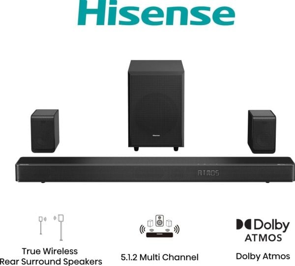 Hisense AX5125H, 5.1.2 kanaler, 500 W, DTS:X, Dolby Atmos, Dolby Digital, Kino, Musikk, Sport, TV, 80 W, 500 W