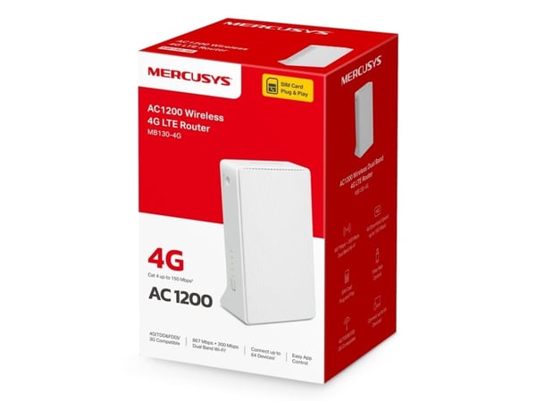 Mercusys MB130-4G, Wi-Fi 5 (802.11ac), Dobbelbånd (2.4 GHz / 5 GHz), Ethernet/bredbåndsforbindelse, 4G, Hvit, Frittstående router