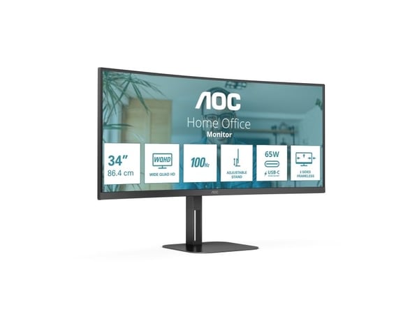 AOC V5 CU34V5C - LED-skjerm - buet - 34" - 3440 x 1440 WQHD @ 100 Hz - VA - 300 cd/m² - 3000:1 - 1 ms - HDMI, DisplayPort, USB-C - høyttalere - Svart