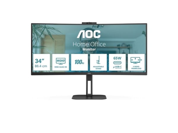 AOC V5 CU34V5C - LED-skjerm - buet - 34" - 3440 x 1440 WQHD @ 100 Hz - VA - 300 cd/m² - 3000:1 - 1 ms - HDMI, DisplayPort, USB-C - høyttalere - Svart
