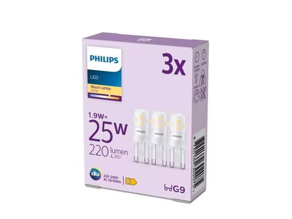 Philips - LED-lyspære - form: kapsel - mattslipt finish - G9 - 1.9 W (ekvivalent 25 W) - klasse E - varmt hvitt lys - 2700 K (en pakke 3)