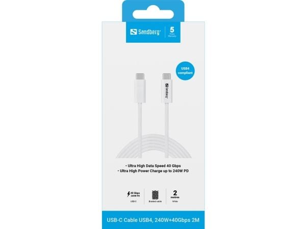 Sandberg USB-C>C USB4 240W+40Gbps, 2M, 2 m, USB C, USB C, USB4 Gen 3x2, 40 Gbit/sek., Hvid