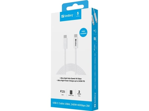 Sandberg USB-C>C USB4 240W+40Gbps, 2M, 2 m, USB C, USB C, USB4 Gen 3x2, 40 Gbit/sek., Hvid
