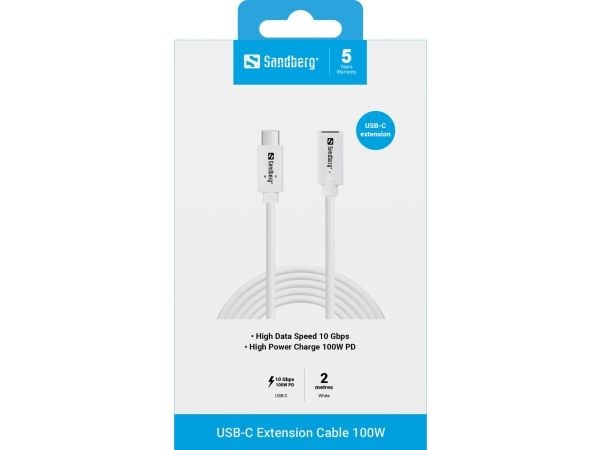 Sandberg USB-C>C M-F USB 3.1 100W, 2M, 2 m, USB C, USB C, USB 3.2 Gen 2 (3.1 Gen 2), 10 Gbit/sek., Hvid