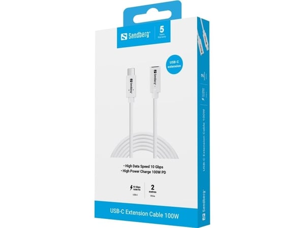 Sandberg USB-C>C M-F USB 3.1 100W, 2M, 2 m, USB C, USB C, USB 3.2 Gen 2 (3.1 Gen 2), 10 Gbit/sek., Hvid