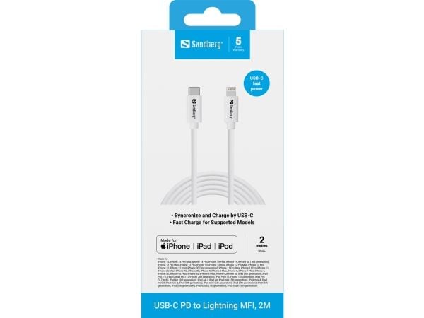 Sandberg - Lightning-kabel - Lightning hann til 24 pin USB-C hann - 2 m - hvit - Power Delivery-støtte