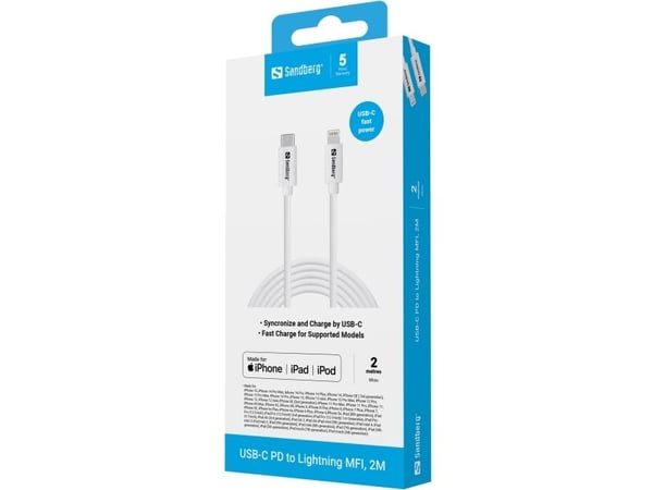 Sandberg - Lightning-kabel - Lightning hann til 24 pin USB-C hann - 2 m - hvit - Power Delivery-støtte
