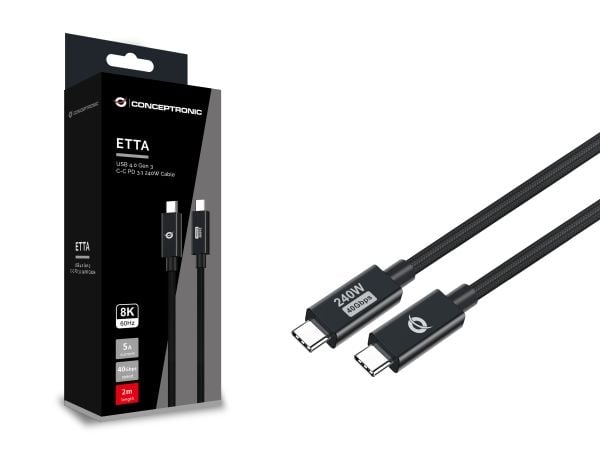 Conceptronic ETTA04B20 USB 4.0 Gen 3 C-C PD 3.1 240W Latauskaapeli 2m 2m