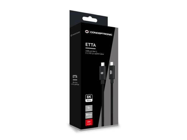 Conceptronic ETTA04B20 USB 4.0 Gen 3 C-C PD 3.1 240W Latauskaapeli 2m 2m