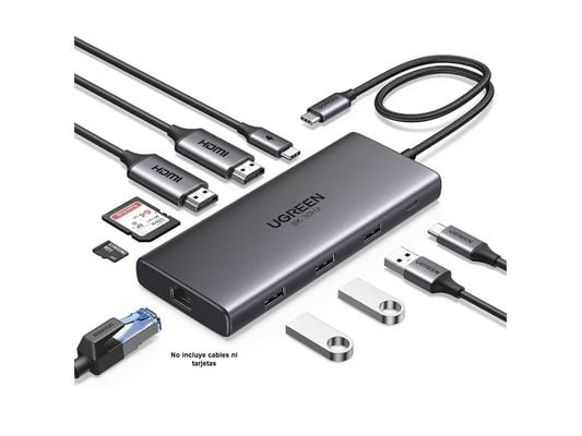 Ugreen 15534, USB Type-C, HDMI, RJ-45, USB 2.0, USB 3.0, USB Type-C, MicroSD (TransFlash), SD, 5000 Mbit/s, 60 Hz, 100 W