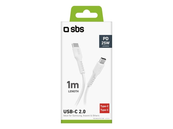 SBS TECABLETCC10W, 1 m, USB C, USB C, USB 2.0, 0,48 Gbit/s, valkoinen