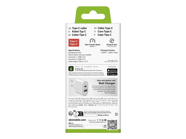 SBS TECABLETCC10W, 1 m, USB C, USB C, USB 2.0, 0,48 Gbit/s, valkoinen