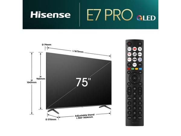 Hisense 75E7NQ PRO, 190,5 cm (75"), 3840 x 2160 piksler, DLED, Smart TV, Wi-Fi, Grå