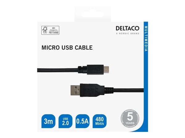 DELTACO - USB-kabel - 4-pinners Micro-USB Type B (hann) til USB (hann) - USB 2.0 - 0.5 A - 3 m - lade og synkronisere - svart