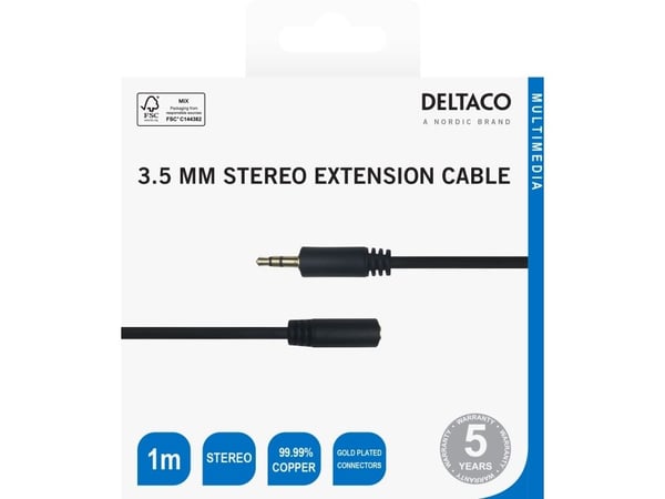 DELTACO - Lydforlengelseskabel - 3,5 mm stereo hann til 3,5 mm stereo hunn - 1 m - svart