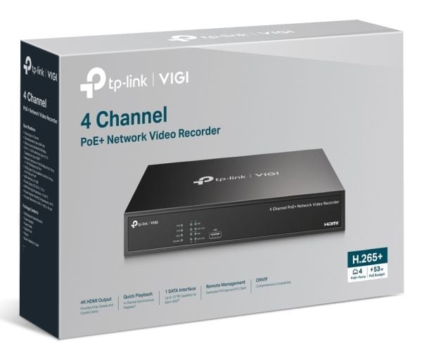 TP-Link VIGI NVR1004H-4P-2TB, 4 kanavaa, 3840 x 2160 pikseliä, 720p, 1080p, 2160p, 3840x2160,1920x1080, 1680x1050, 1440x900, 1280x1024, 1024x768, 1...
