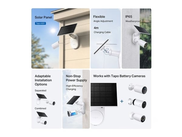TP-Link Tapo A201, 2,5 W, 5,2 V, USB, Hvit, IP65, Tapo C400; Trykk på C410; Tapo C420; Tapo C420S2, Tapo C400S2