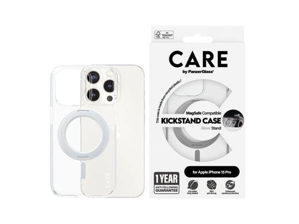 CARE by PanzerGlass - Baksidedeksel for mobiltelefon - MagSafe-samsvar - resirkulert plast - gjennomsiktig, sølv - for Apple iPhone 15 Pro