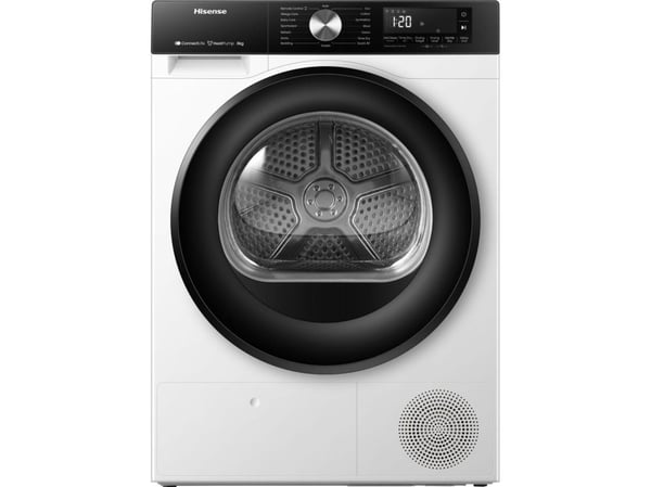 Hisense DH3S802BW3, Frittstående, Frontmatet, Varme pumpe, Hvit, Rotasjon, Berøringskontroll, Venstre/høyre