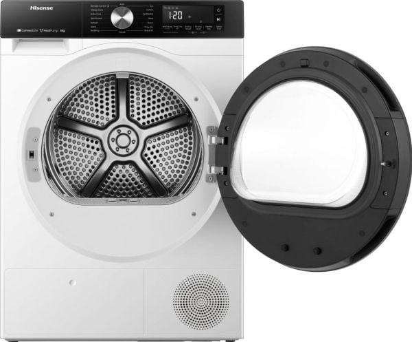 Hisense DH3S802BW3, Frittstående, Frontmatet, Varme pumpe, Hvit, Rotasjon, Berøringskontroll, Venstre/høyre
