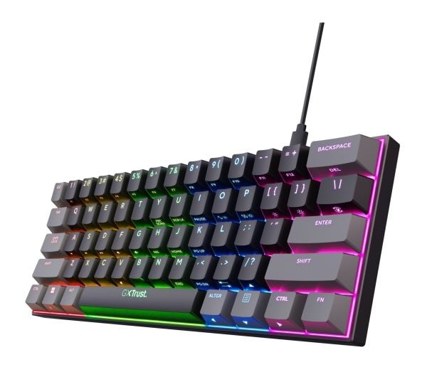 Trust GXT 867 Acira, Koblet med ledninger (ikke trådløs), USB, Mekanisk nøkkelbryter, QWERTY, RGB LED, Sort, Grå