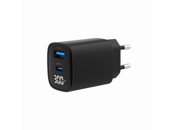 Gembird - Strømadapter - LCD display - 30 watt - 3 A - PD, QC 3.0 - 2 utgangskontakter (USB, USB-C) - svart