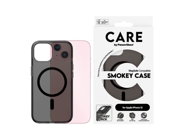CARE by PanzerGlass Urban Combat - Baksidedeksel for mobiltelefon - MagSafe-samsvar - plastikk - røykfarget, svart - for Apple iPhone 15