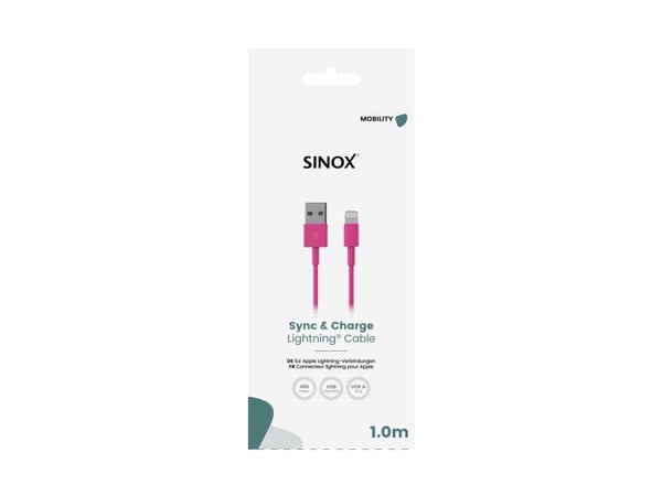 Sinox Lightning-kaapeli. 1m, vaaleanpunainen, 1m, Lightning, USB A, urosliitin, urosliitin, vaaleanpunainen