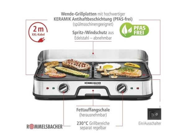 Rommelsbacher BBQ 2025, Svart, Rustfritt stål, Frittstående, Rustfritt stål, 2 zone(s), Aluminium, 225 x 285 mm