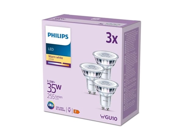 Philips - LED-pære for søkelys - klar finish - GU10 - 3.5 W (ekvivalent 35 W) - klasse F - varmt hvitt lys - 2700 K (en pakke 3)