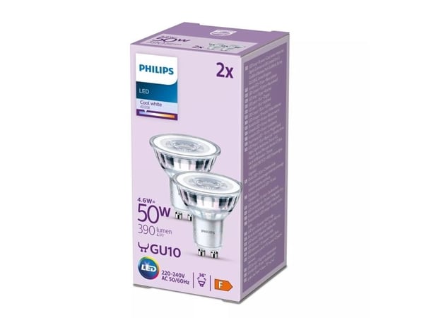 Philips Kohdelamppu 50W PAR16 GU10 x2, 4,6 W, 50 W, GU10, 390 lm, 15000 h, Viileä valkoinen