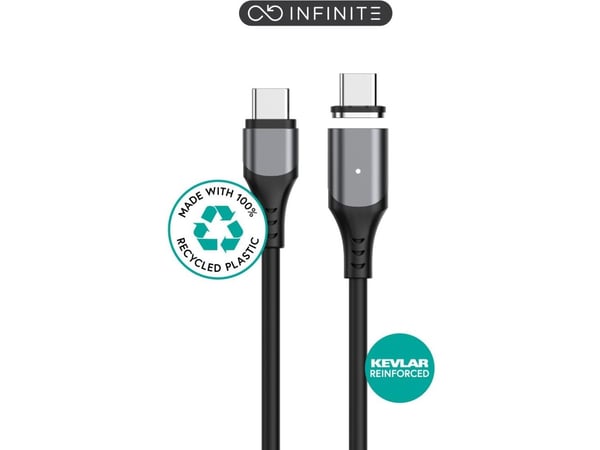 eSTUFF INFINITE - USB-kabel - USB-C (hann) rett til USB-C (hann) magnetisk - USB 2.0 - 2 m - 100 % resirkulert plast, USB-C Power Delivery (100W) -...