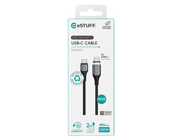 eSTUFF INFINITE - USB-kabel - USB-C (hann) rett til USB-C (hann) magnetisk - USB 2.0 - 2 m - 100 % resirkulert plast, USB-C Power Delivery (100W) -...