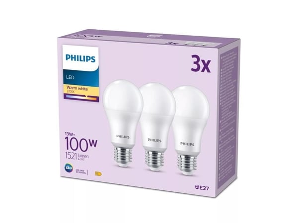Philips Lamppu 100W A65 E27 x3, 13 W, 100 W, E27, 1521 lm, 15000 h, Lämmin valkoinen