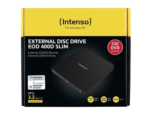 Intenso EOD 400D Slim - Platestasjon - DVD±RW (±R DL) / DVD-RAM - 8x/5x - USB 3.2 Gen 1 - ekstern - svart
