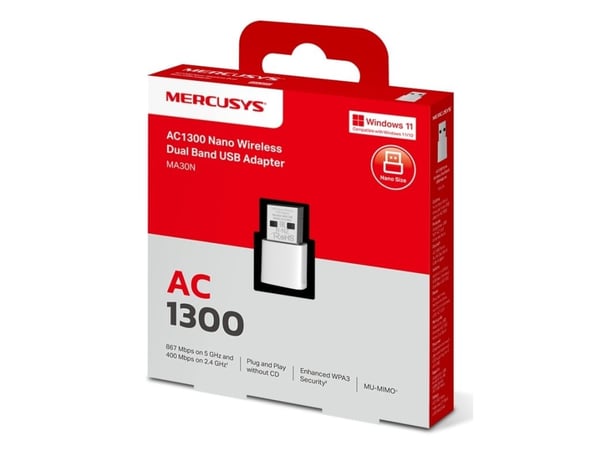 Mercusys MA30N, Koblet med ledninger (ikke trådløs), USB, WLAN, Wi-Fi 5 (802.11ac), 1300 Mbit/s, Hvit