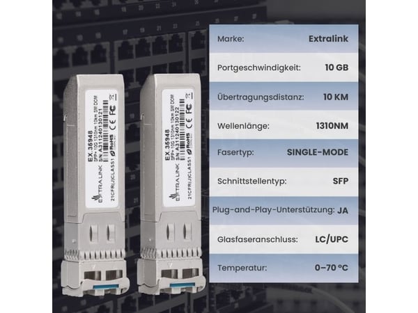 Extralink SFP+ 10G 2-pakning | SFP+-modul | 10 Gbps, LC/UPC, 1310nm, 10km, enkeltmodus, DOM, dedikert for HP/ARUBA