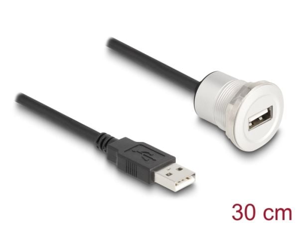Delock - USB-forlengelseskabel - USB (hann) til USB (hunn) panelmonterbar - USB 2.0 - 30 cm - M22 thread - svart, sølv
