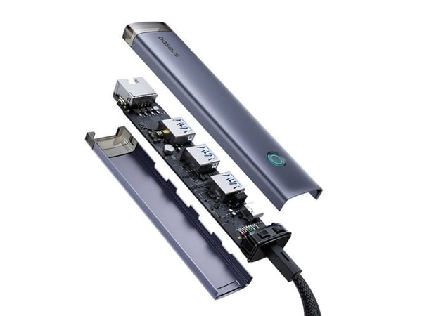 Baseus UltraJoy, USB 3.2 Gen 1 (3.1 Gen 1) Type-A + Type-C, RJ-45, USB 3.0, USB Type-C, 5000 Mbit/s, Grå, Akrylonitril-butadien-styren (ABS), Alumi...