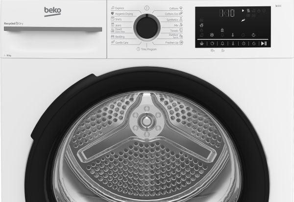 Beko BM3T40230W, Frittstående, Frontmatet, Varme pumpe, Hvit, Rotasjon, Berøringskontroll, Bakre