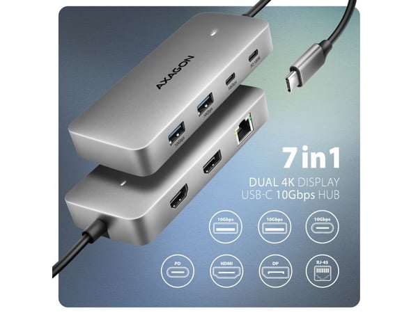 Axagon HUB USB HMC-CUB83X2, USB 10Gbps hub, 2x USB-A, USB-C, HDMI & DP 4k/144Hz, RJ-45 GLAN, PD 100W, kabel USB-C 15cm, Koblet med ledninger (ikke ...