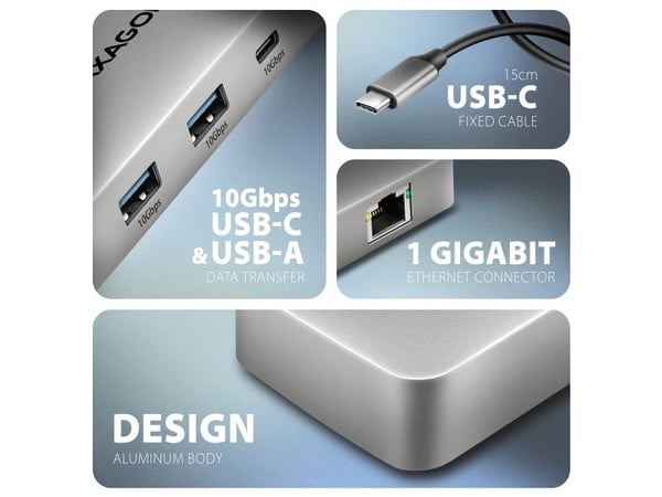 Axagon HUB USB HMC-CUB83X2, USB 10Gbps hub, 2x USB-A, USB-C, HDMI & DP 4k/144Hz, RJ-45 GLAN, PD 100W, kabel USB-C 15cm, Koblet med ledninger (ikke ...
