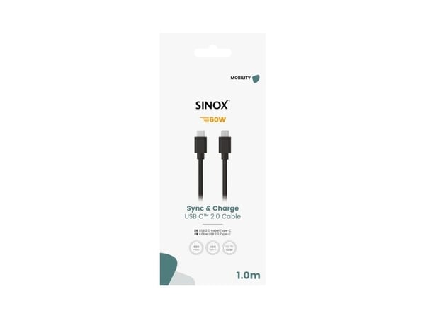 Sinox USB C-kabel. 1 m, Svart, 1 m, USB C, USB C, USB 2.0, 0,48 Gbit/sek, Svart