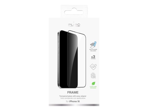 PURO PUSDGFRAIPHONE1661, Apple, iPhone 16, Slagbestandig, Ridseresistent, Splintfri, Sort, Transparent, 1 stk