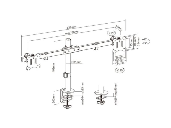 InLine 23108E, Klemme/malje, 43,2 cm (17"), 81,3 cm (32"), 100 x 100 mm, Høydejustering, Svart