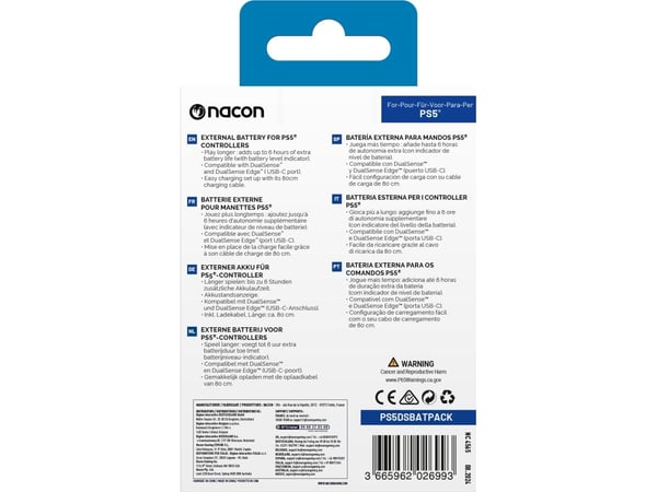 NACON External Battery, PlayStation 5, Peiliohjaimen akku, Valkoinen, Sony, 5 V, 1.2 A
