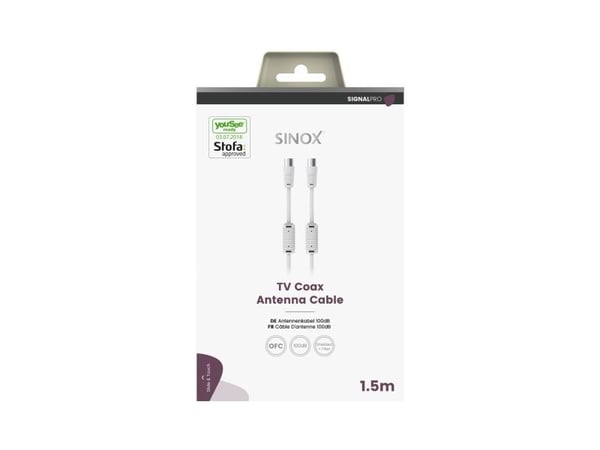 Sinox PRO -antennikaapeli, YouSee &amp; Stofa-hyväksytty, 1.5m, valkoinen